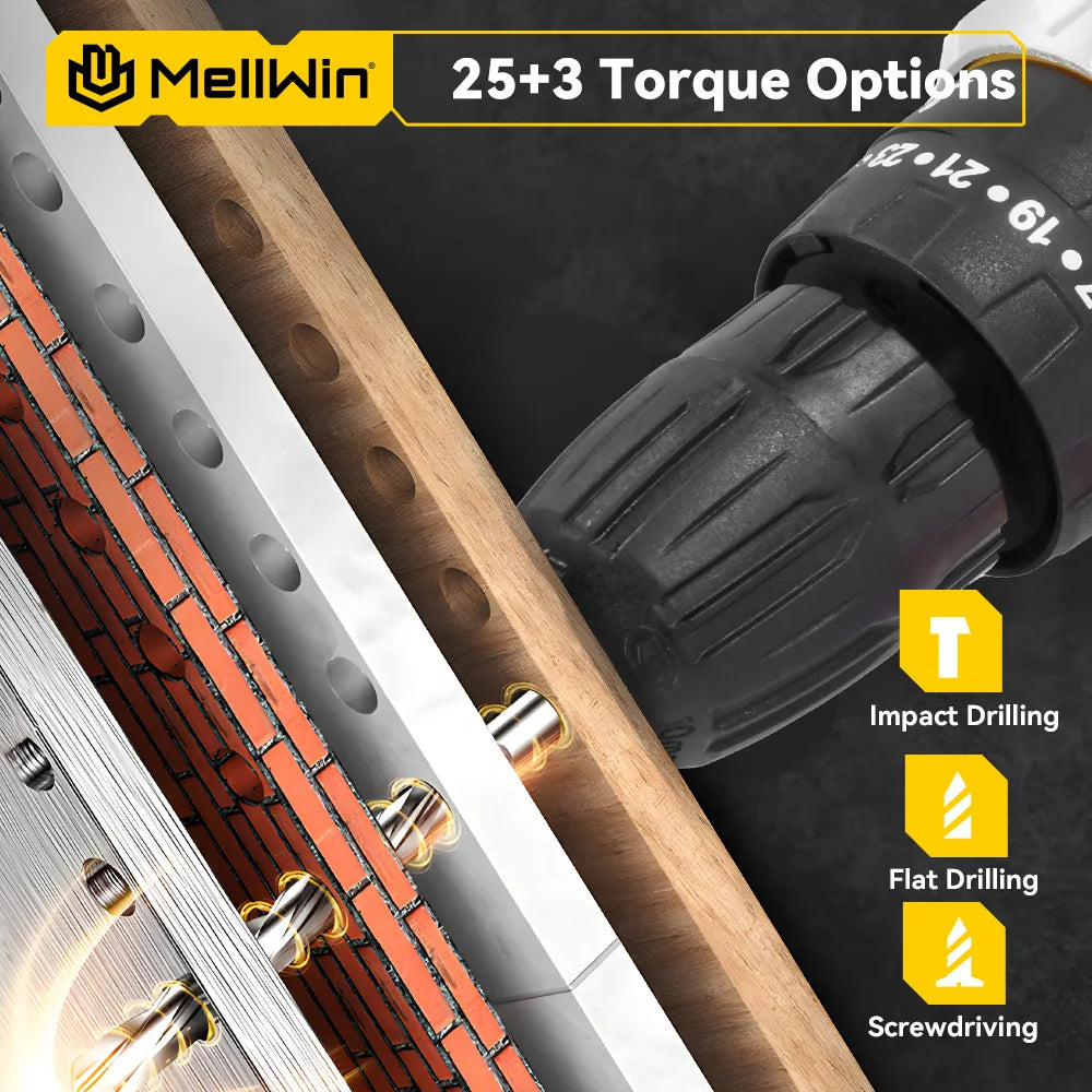 Trapano a Percussione Elettrico MELLWIN Cordless 25+3 Coppie – Kit Cacciavite Multiuso | Compatibile Batteria Makita 18V