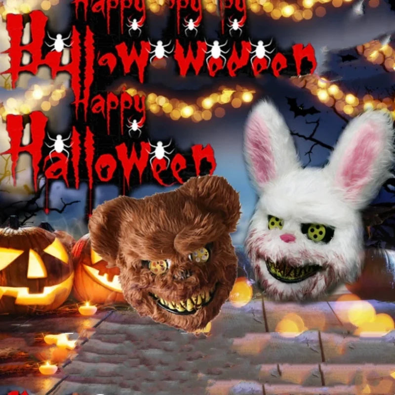 Maschera peluche Halloween con coniglio e orso