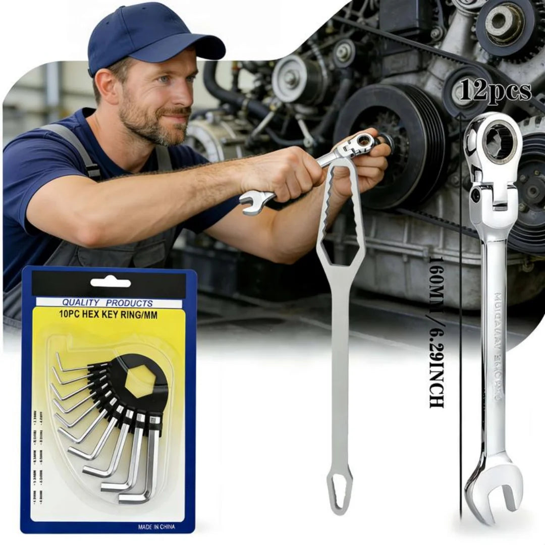 Set 12 Chiavi Combinate in Acciaio Cromo-Vanadio con 10 Chiavi Esagonali e 2 Chiavi Aggiuntive – Kit Professionale per Auto e Moto