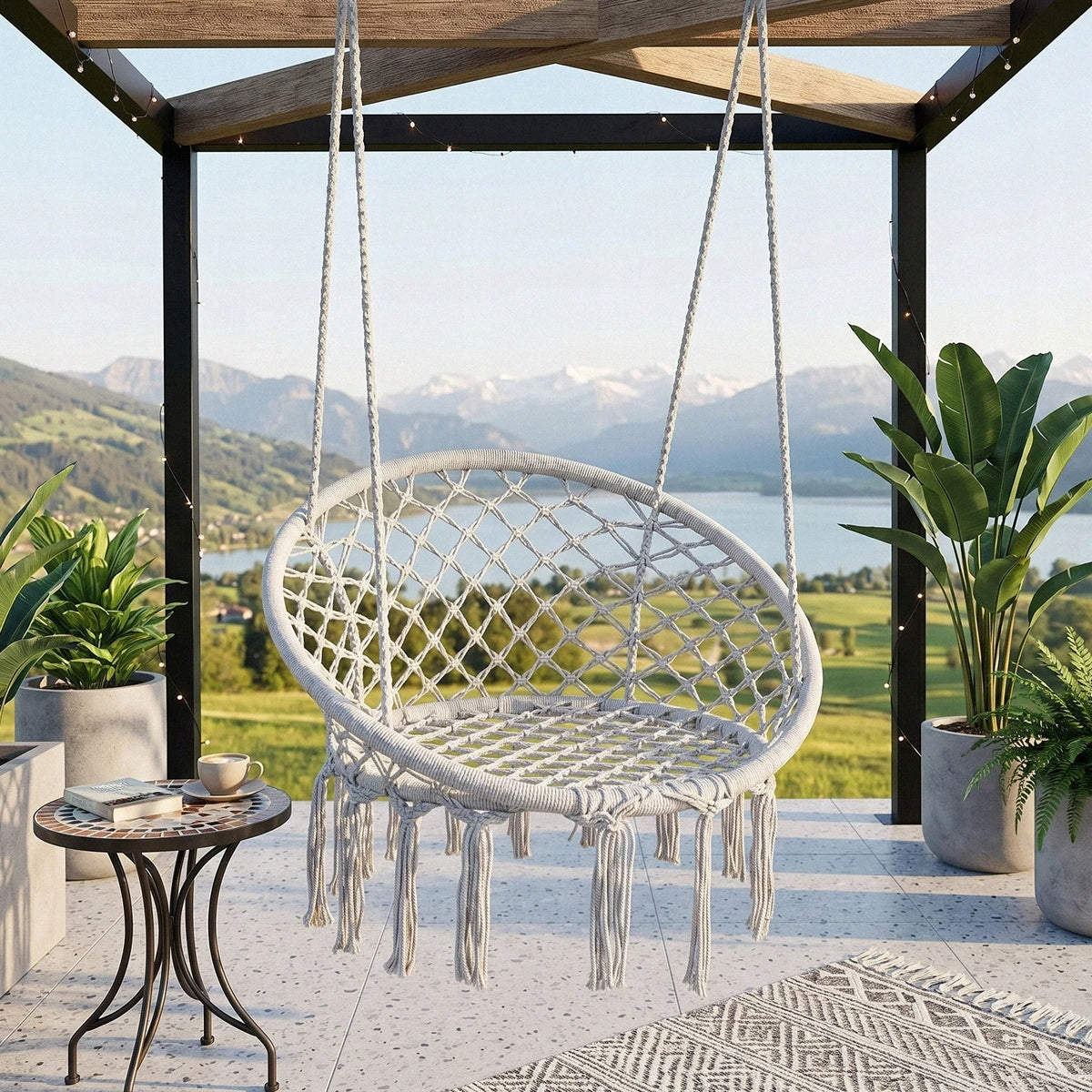 Sedia Pensile Boho Intrecciata – Dondolo a Nido per Giardino, Terrazza, Balcone e Interni, Stile Boho, Portata 160 kg
