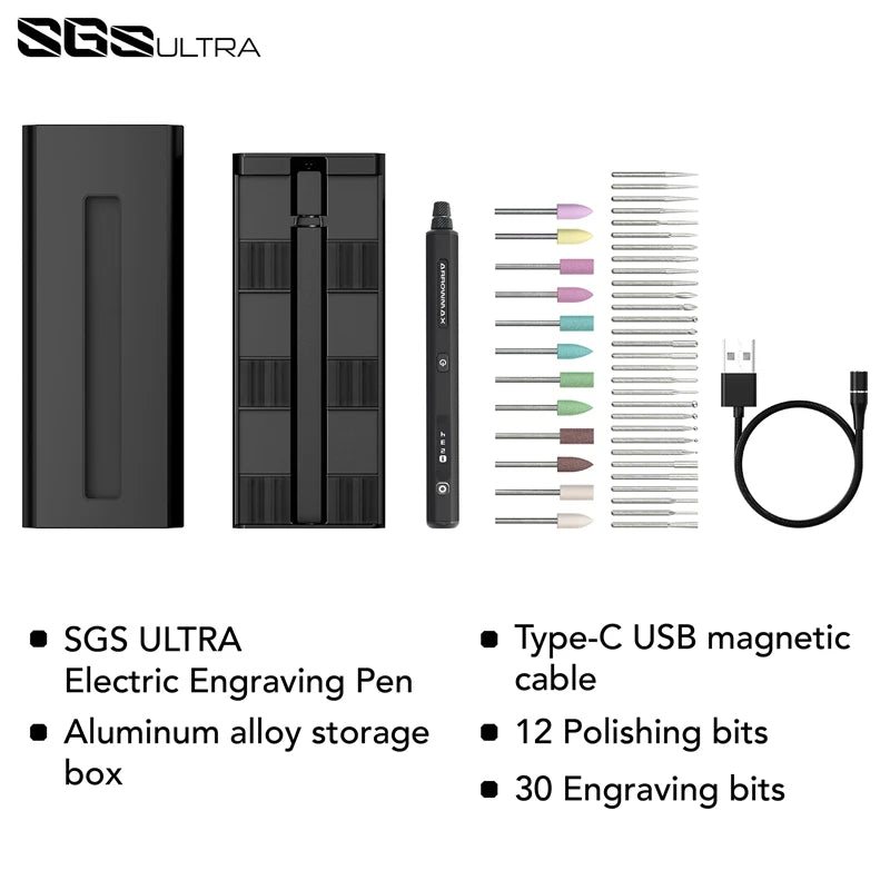 Penna Incisore ARROWMAX SGS – Kit Utensile Rotativo Cordless 30.000 RPM, 42 Punte, Display OLED, Batteria LiPo 500mAh, per Legno, Metallo e Vetro