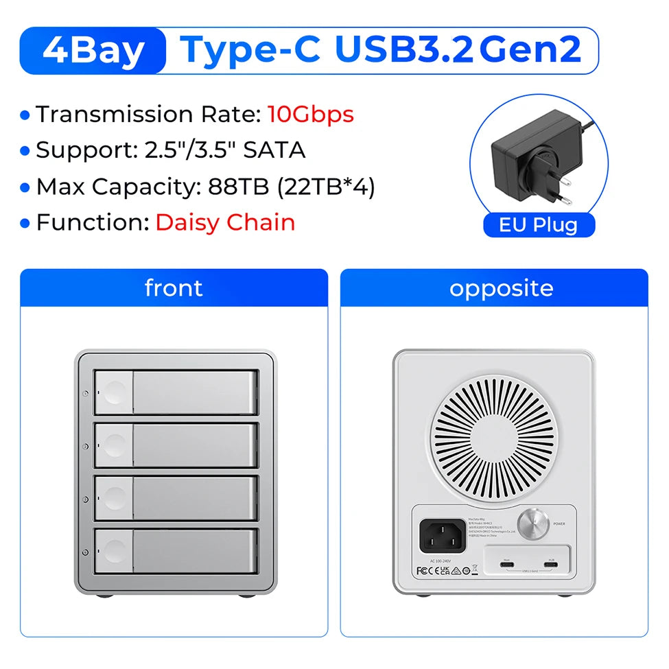 Docking Station ORICO 4/5 Bay SATA 10Gbps – Box Esterno HDD/SSD 2,5"/3,5", USB 3.2 Type-C, Daisy Chain, 110TB, Alimentatore 150W