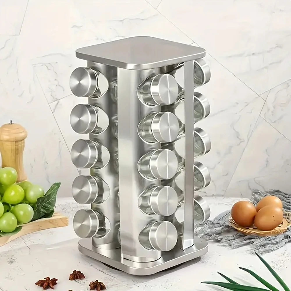 Portaspezie Girevole 360° con 20 Vasetti in Vetro da 100 ml – Struttura in Acciaio Inox, Organizer da Cucina con Etichette e Accessori