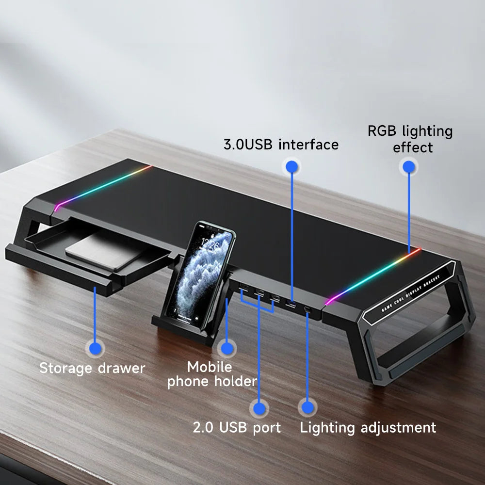Supporto Monitor PC con Porte USB 3.0 – Rialzo Regolabile per Desktop, Laptop, Tastiera e Ripiano Portaoggetti