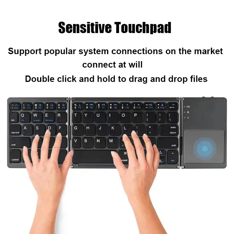 Tastiera Bluetooth Pieghevole Tri-fold con Touchpad – Mini, Ricaricabile, Wireless per Windows Android iOS