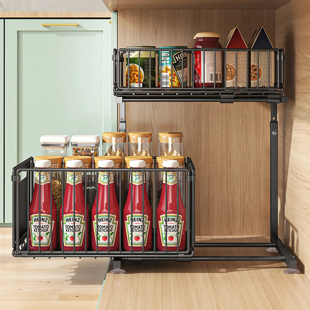 HGTUGO Organizer da Armadio Estraibile a 2 Ripiani – Portaspezie Regolabile in Acciaio, per Cucina, Bagno e Lavandino