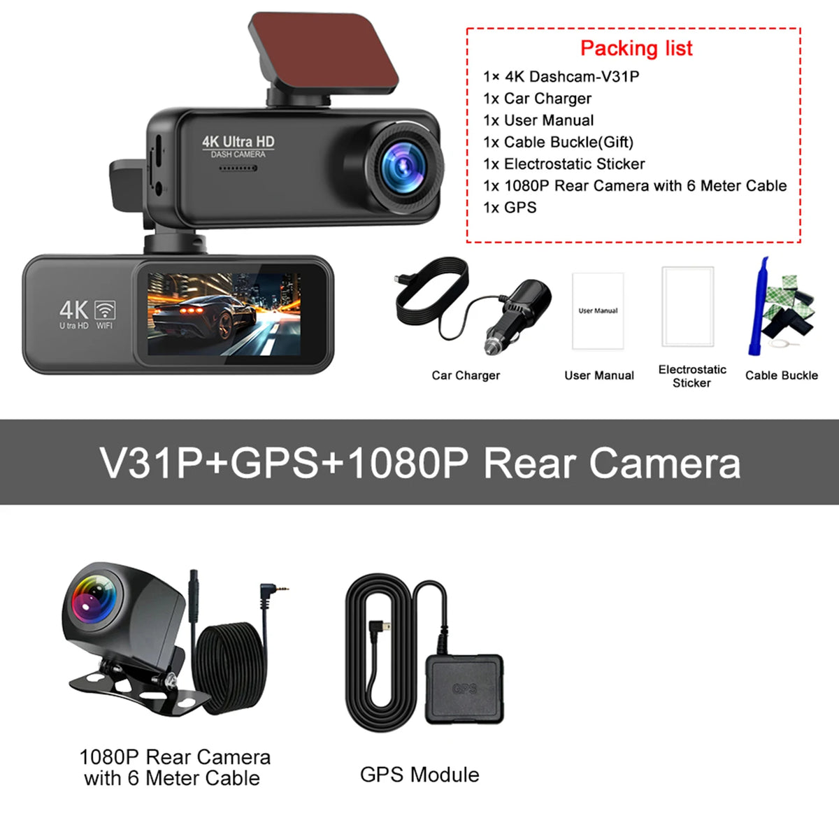 Dashcam Kocam 4K Doppia Telecamera Anteriore e Posteriore con Monitoraggio Parcheggio 24H, Visione Notturna e GPS