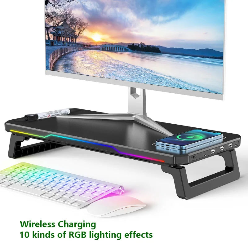 Supporto Monitor con Ricarica Wireless e Luce RGB – Docking Station Multifunzionale Pieghevole per Ufficio e Scrivania