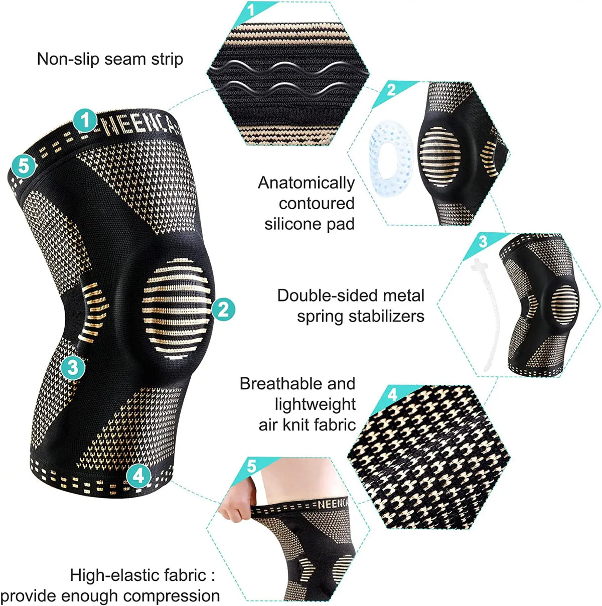 NEENCA Ginocchiera in Fibra di Rame con Cuscinetto Gel Rotuleo e Stabilizzatori Laterali – per Dolore al Ginocchio, Artrite, ACL e Sport