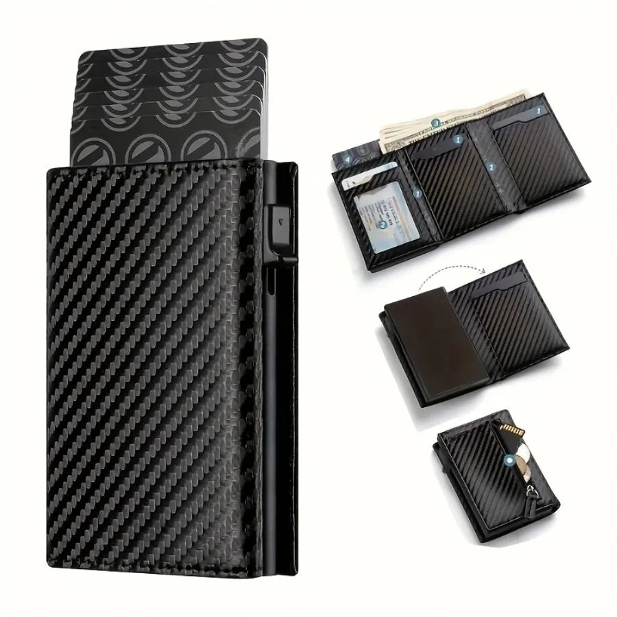 Portafoglio Uomo con Portamonete a Zip – Porta Carte Pop-Up Automatico, Blocco RFID, Design Minimalista