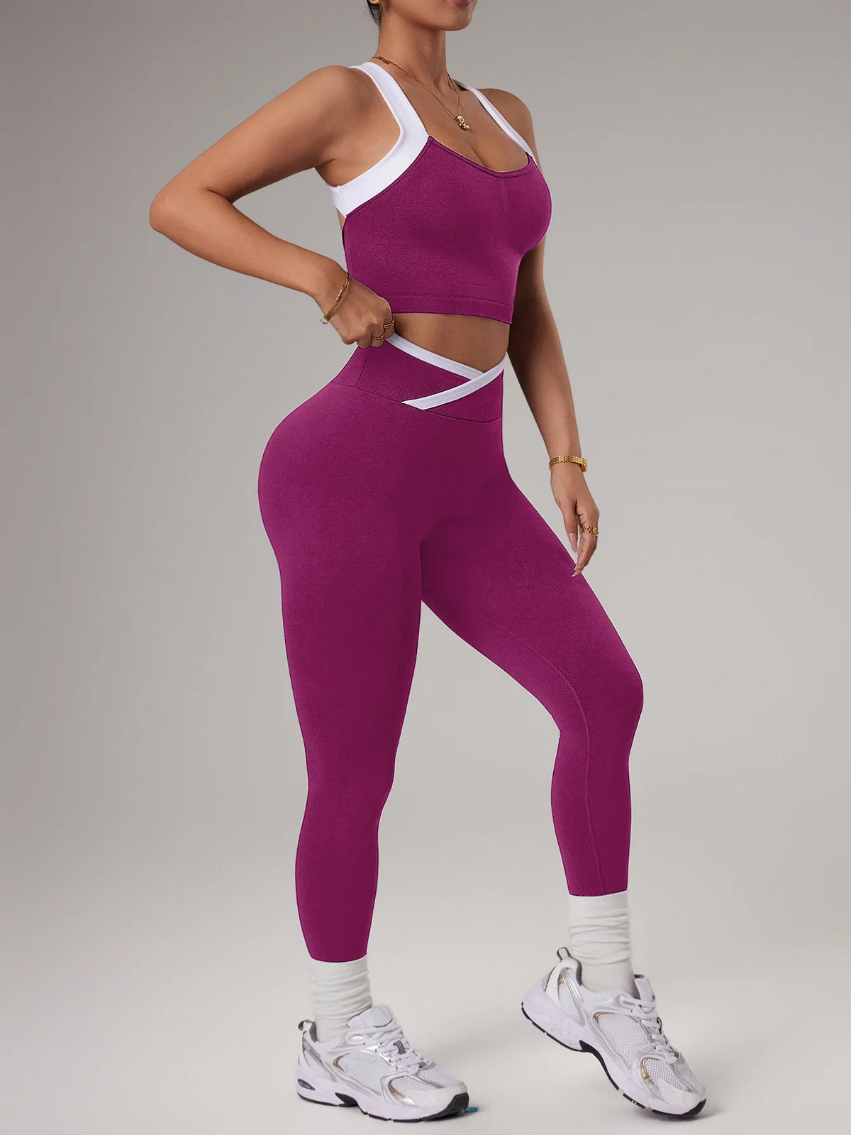 Set Yoga Donna 2 Pezzi Senza Cuciture – Top Crop + Leggings a Vita Alta con Controllo Addome, Activewear Sportswear