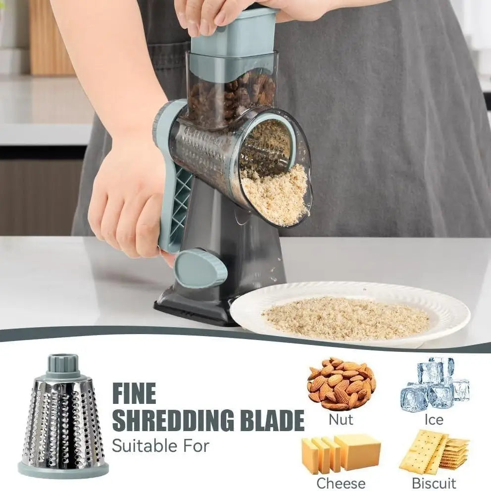 Grattugia a Manovella per Formaggio e Affettaverdure 3 in 1 – Tritacarne Multifunzione con Lame Intercambiabili