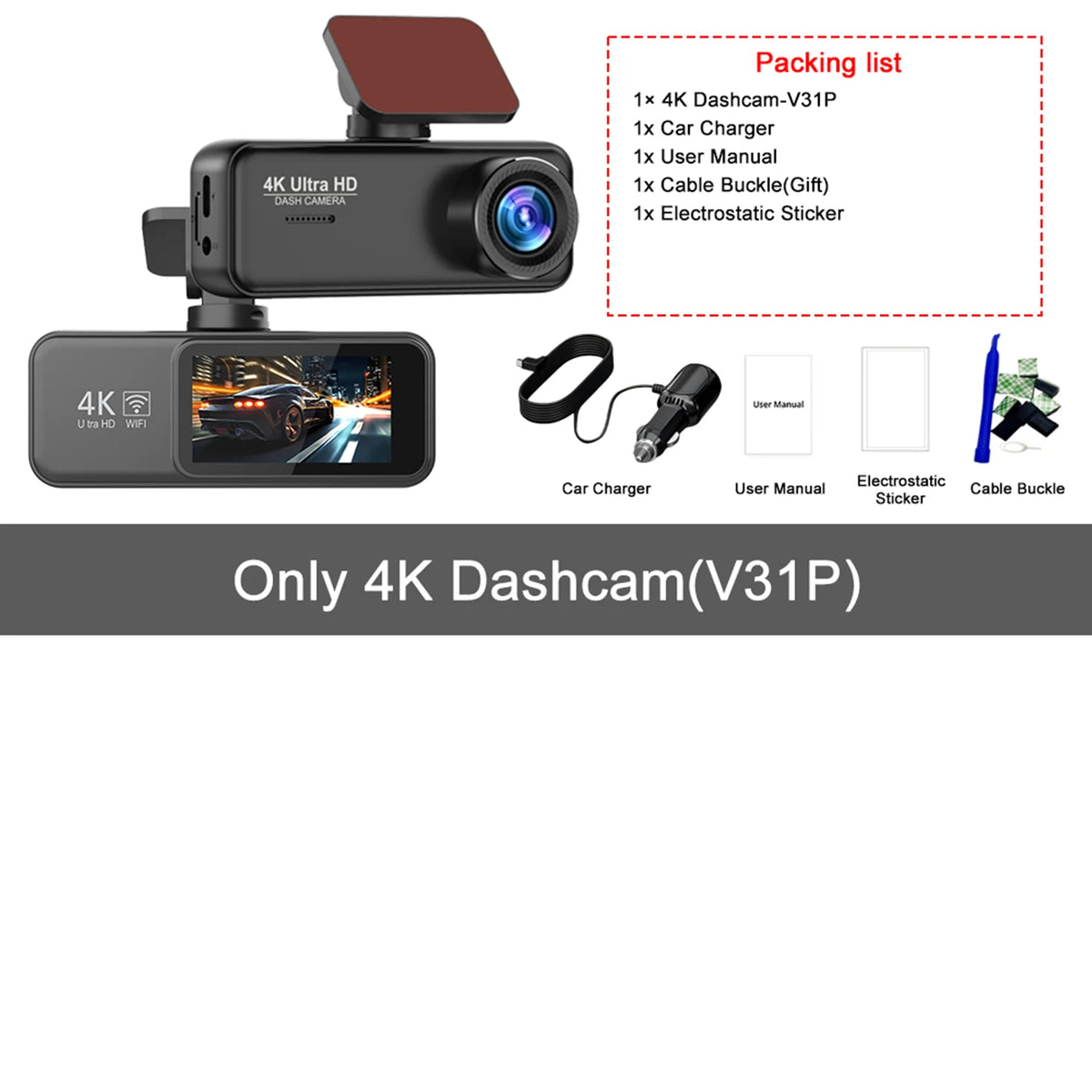 Dashcam Kocam 4K Doppia Telecamera Anteriore e Posteriore con Monitoraggio Parcheggio 24H, Visione Notturna e GPS