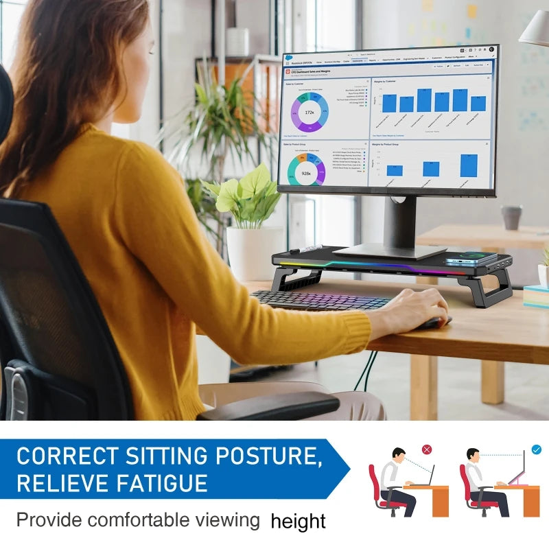 Supporto Monitor con Ricarica Wireless e Luce RGB – Docking Station Multifunzionale Pieghevole per Ufficio e Scrivania