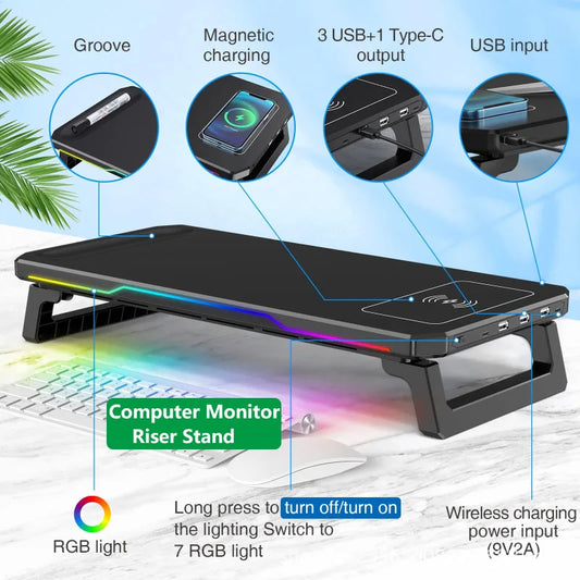 Supporto Monitor con Ricarica Wireless e Luce RGB – Docking Station Multifunzionale Pieghevole per Ufficio e Scrivania