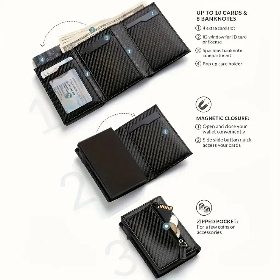Portafoglio Uomo con Portamonete a Zip – Porta Carte Pop-Up Automatico, Blocco RFID, Design Minimalista