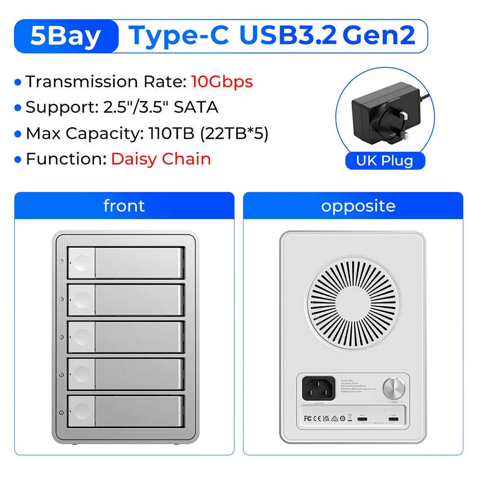 Docking Station ORICO 4/5 Bay SATA 10Gbps – Box Esterno HDD/SSD 2,5"/3,5", USB 3.2 Type-C, Daisy Chain, 110TB, Alimentatore 150W