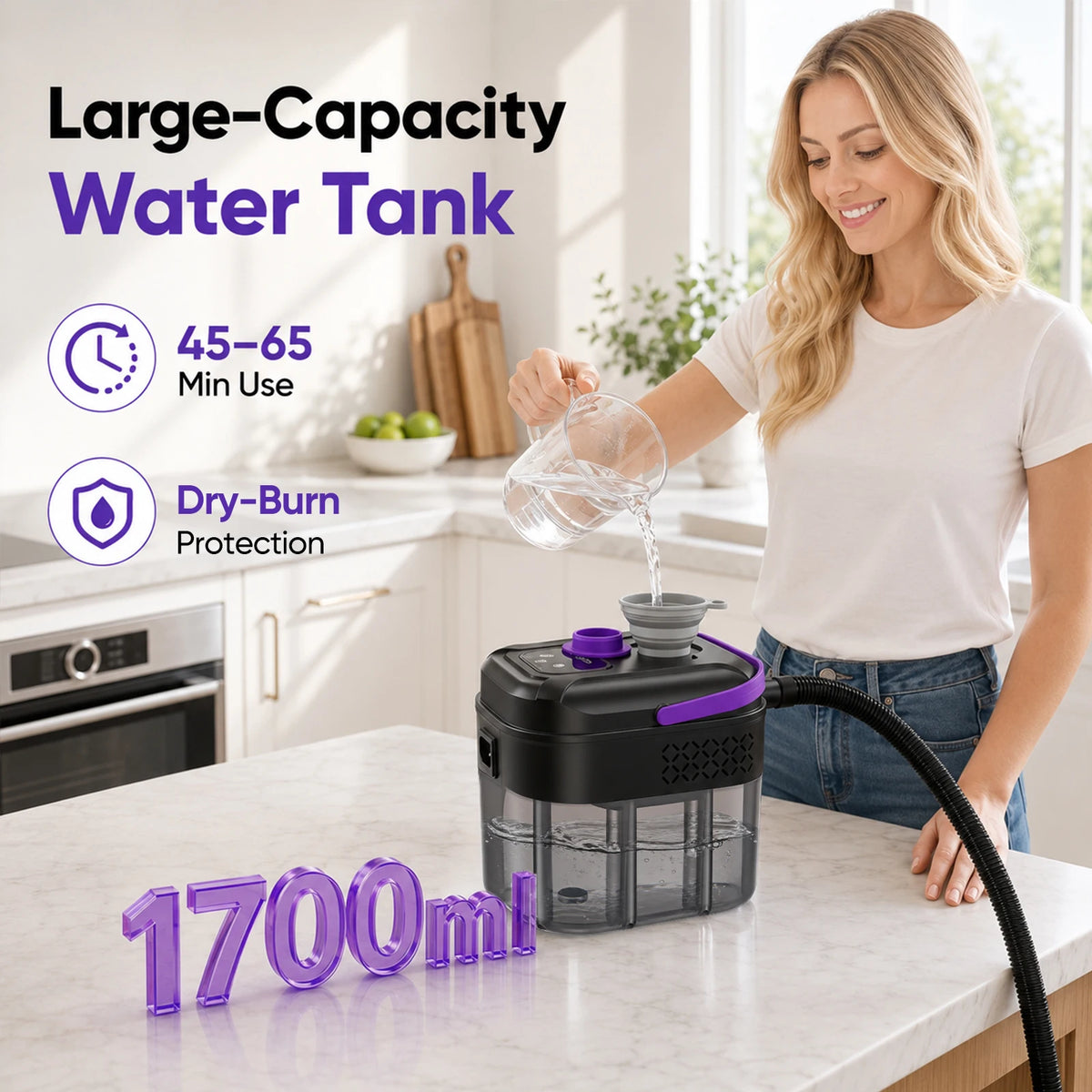 Pulitore a Vapore Portatile 2500W – Alta Pressione 3 Bar, Riscaldamento in 15s, Serbatoio 1700ml, per Cucina, Bagno, Auto, Pavimenti e Divani