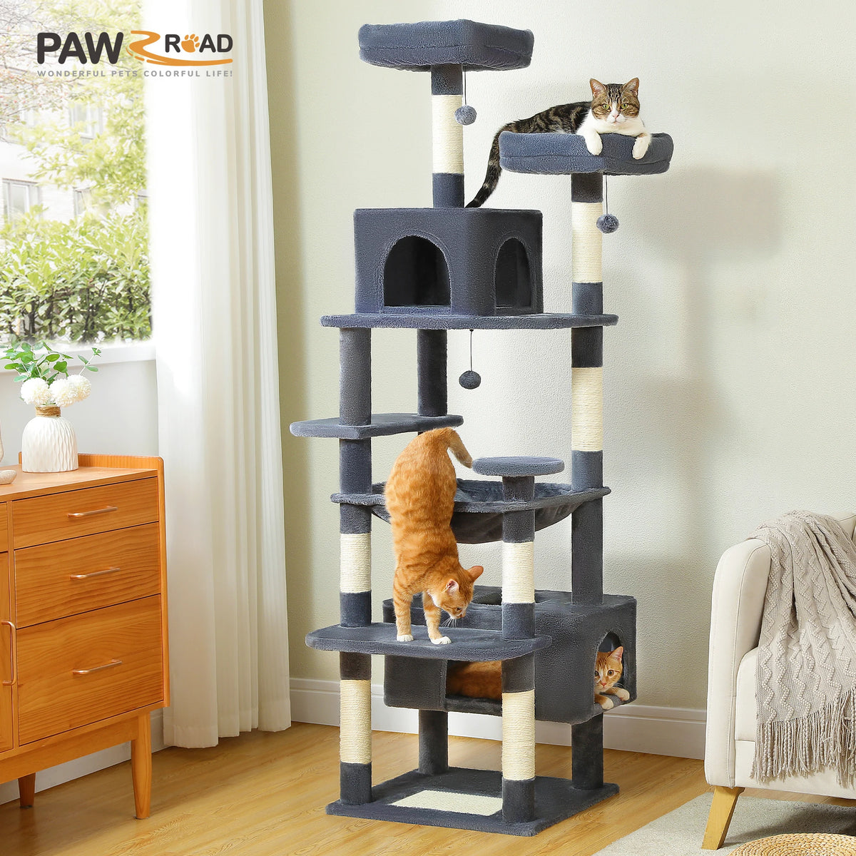 PAWZ Road Albero per Gatti da Interno Grande con Tiragraffi in Sisal, Amaca, Piattaforme e Grotte – 136/164/184 cm