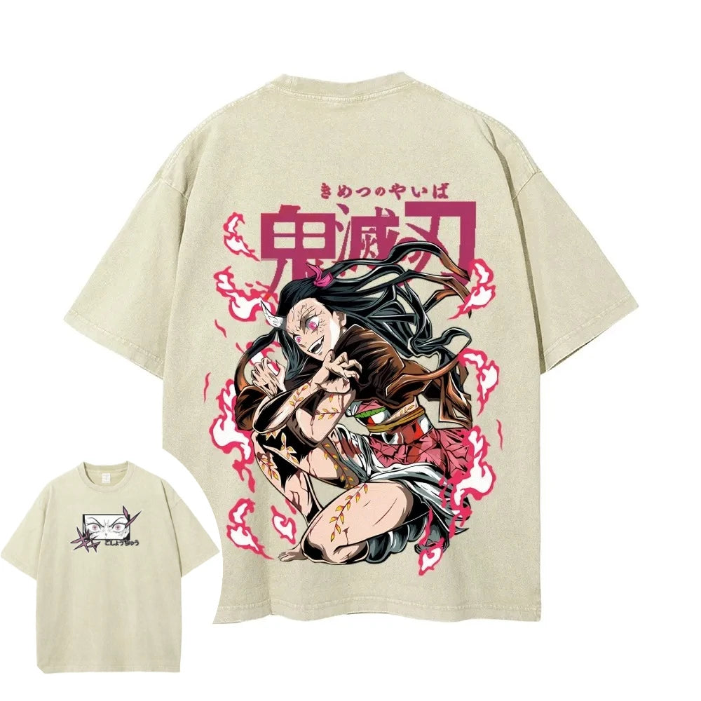 T-Shirt Demon Slayer Unisex – Nezuko Kamado | Stile Vintage Washed, Manica Corta, Alta Qualità