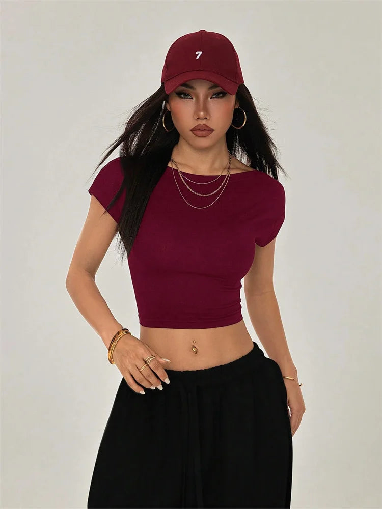 T-Shirt Donna Schiena Scoperta – Crop Top Y2K Streetwear Grunge, Manica Corta, Stile High Street