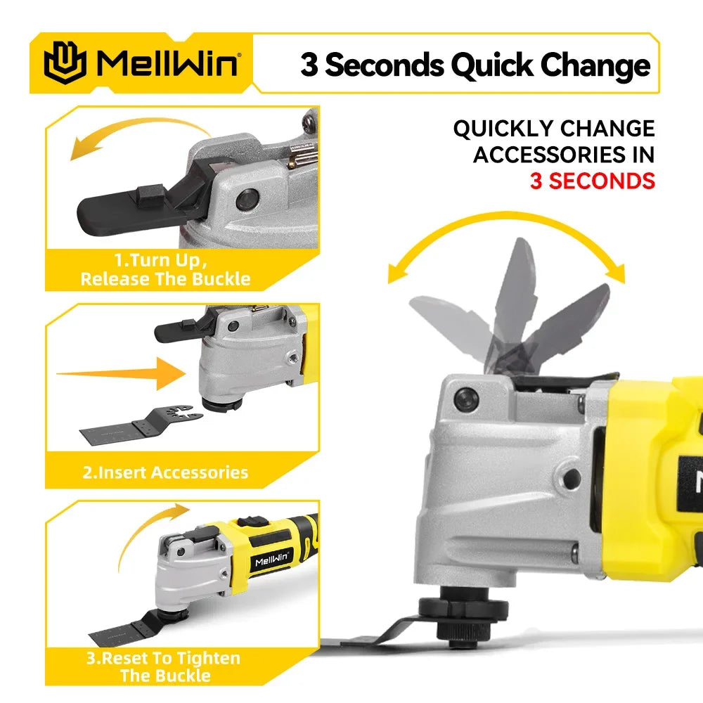 Utensile Multifunzione Oscillante MELLWIN Brushless 6+3 Velocità – Sega, Raschietto, Taglio | Compatibile Batteria Makita 18V