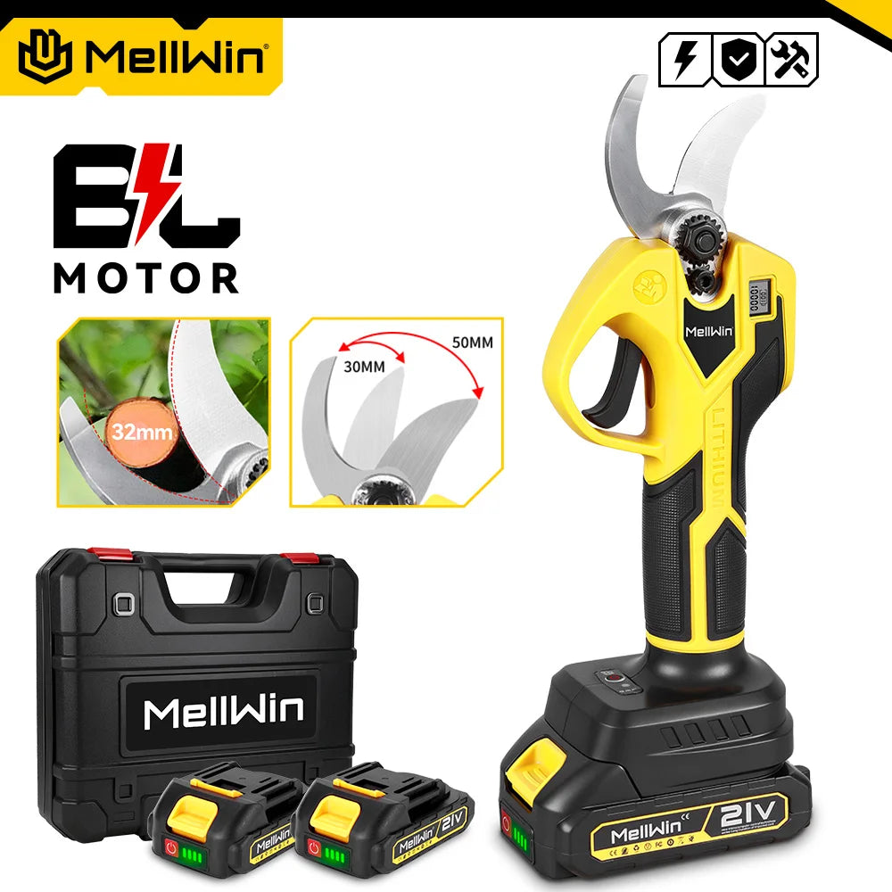 Cesoie Elettriche da Potatura MELLWIN Brushless 32mm Cordless – Per Giardino, Alberi da Frutto e Vigneti | Compatibile Batteria Makita 18V