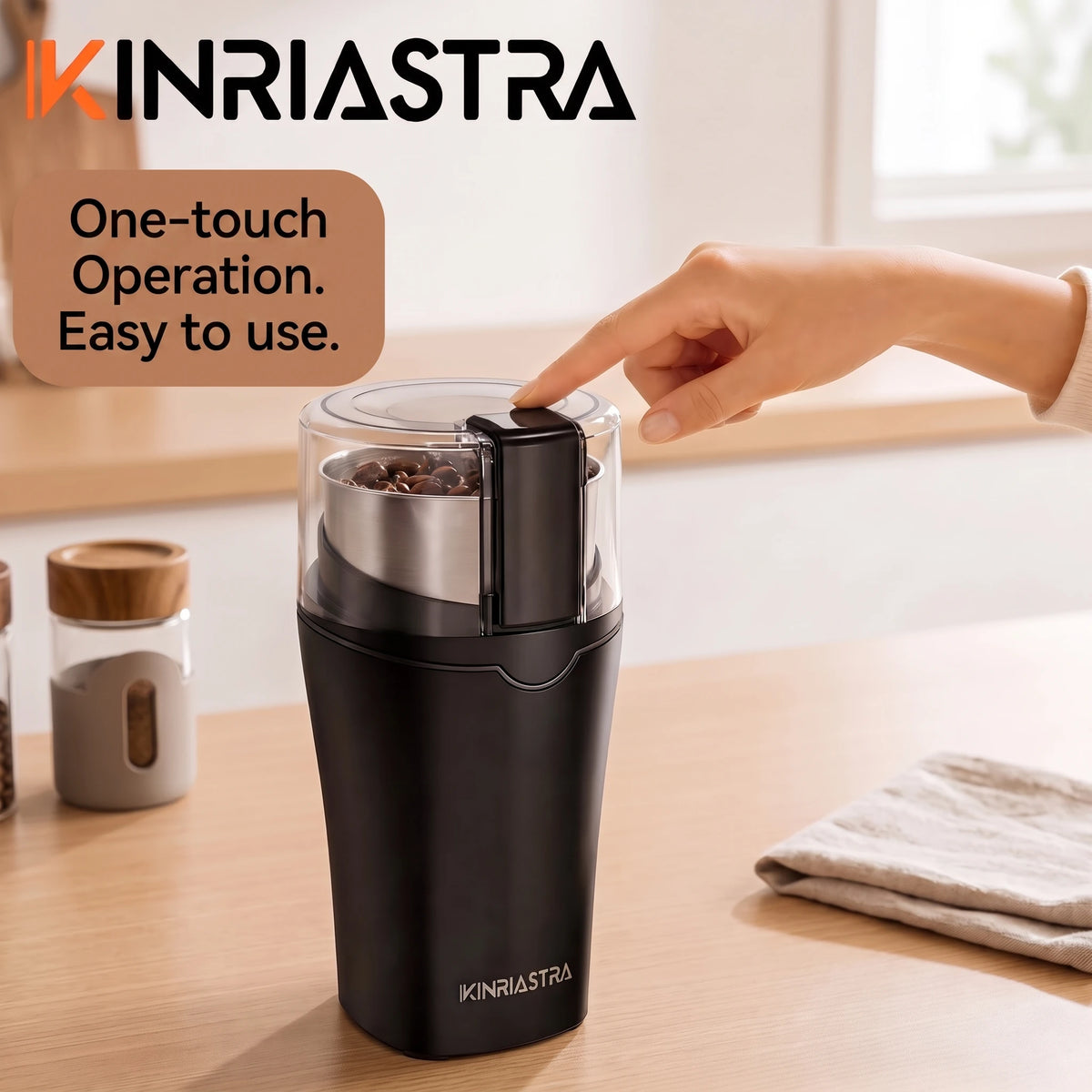 KINRIASTRA Macinacaffè Elettrico 300W – Motore in Rame Puro 30.000 RPM, Capacità 85g, Acciaio Inox 304, Uso Singolo Tasto