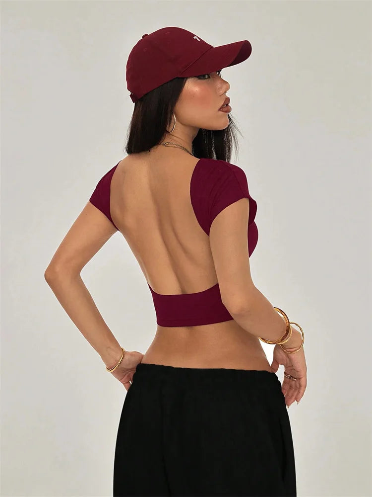 T-Shirt Donna Schiena Scoperta – Crop Top Y2K Streetwear Grunge, Manica Corta, Stile High Street