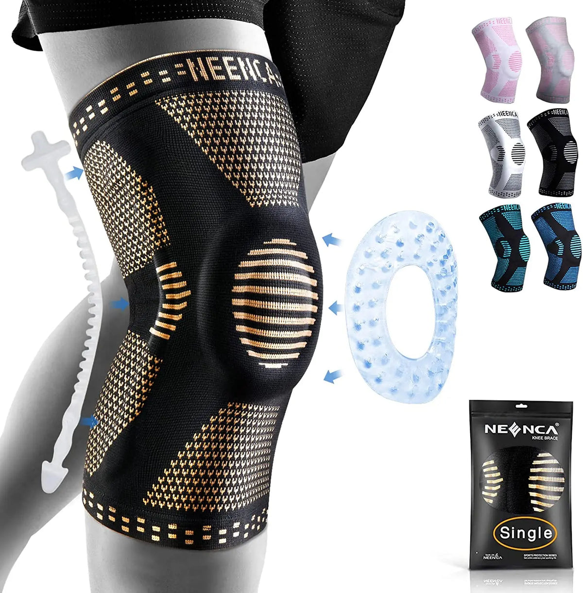 NEENCA Ginocchiera in Fibra di Rame con Cuscinetto Gel Rotuleo e Stabilizzatori Laterali – per Dolore al Ginocchio, Artrite, ACL e Sport