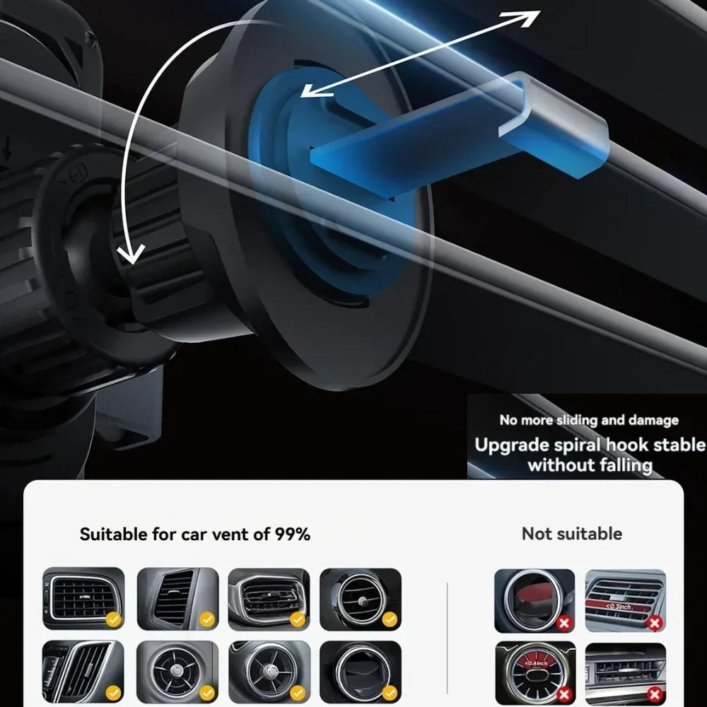 Supporto Universale per Auto con Bocchetta Aria – Apertura Elettrica Rotante, Ricarica Wireless 15W e Doppia Bobina per Smartphone