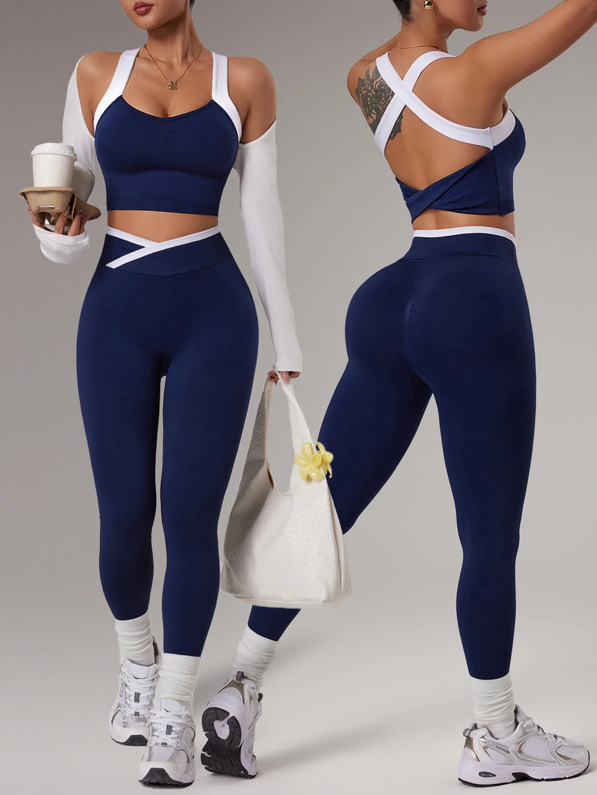 Set Yoga Donna 2 Pezzi Senza Cuciture – Top Crop + Leggings a Vita Alta con Controllo Addome, Activewear Sportswear