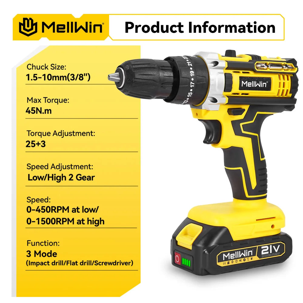 Trapano a Percussione Elettrico MELLWIN Cordless 25+3 Coppie – Kit Cacciavite Multiuso | Compatibile Batteria Makita 18V