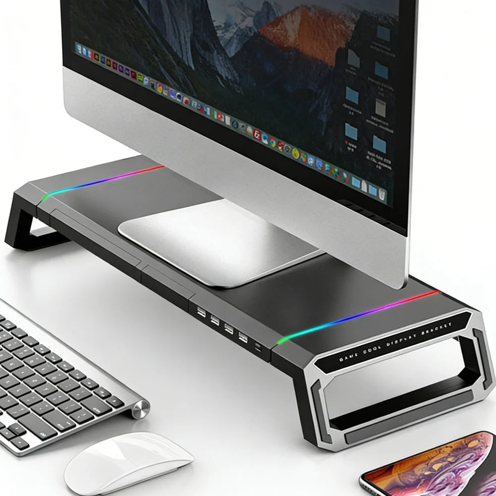Supporto Monitor PC con Porte USB 3.0 – Rialzo Regolabile per Desktop, Laptop, Tastiera e Ripiano Portaoggetti