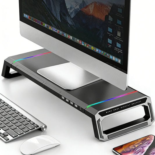 Supporto Monitor PC con Porte USB 3.0 – Rialzo Regolabile per Desktop, Laptop, Tastiera e Ripiano Portaoggetti