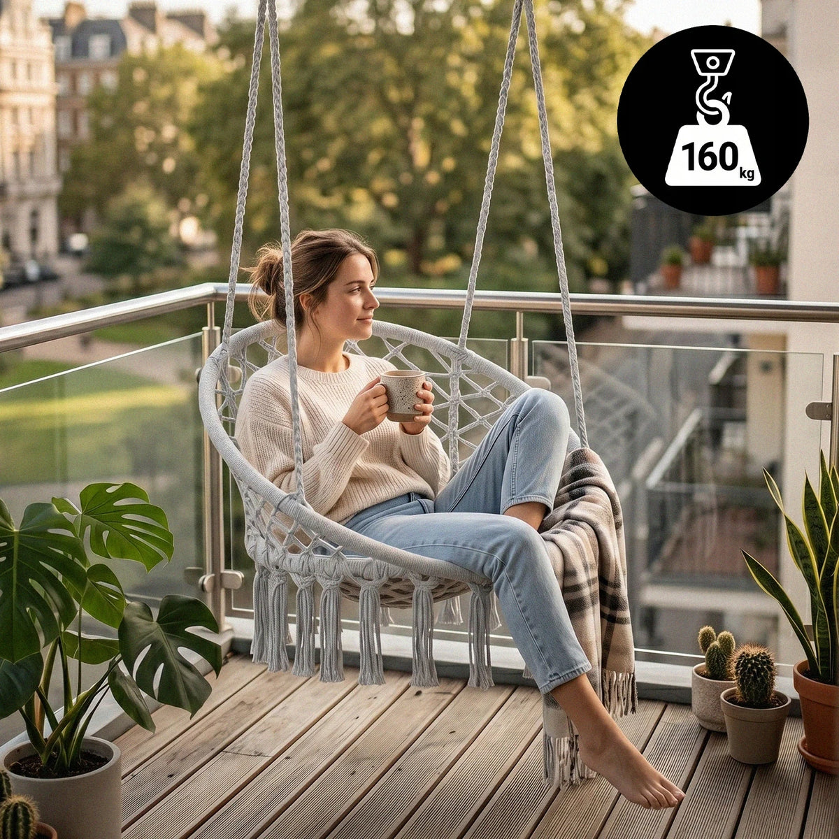 Sedia Pensile Boho Intrecciata – Dondolo a Nido per Giardino, Terrazza, Balcone e Interni, Stile Boho, Portata 160 kg
