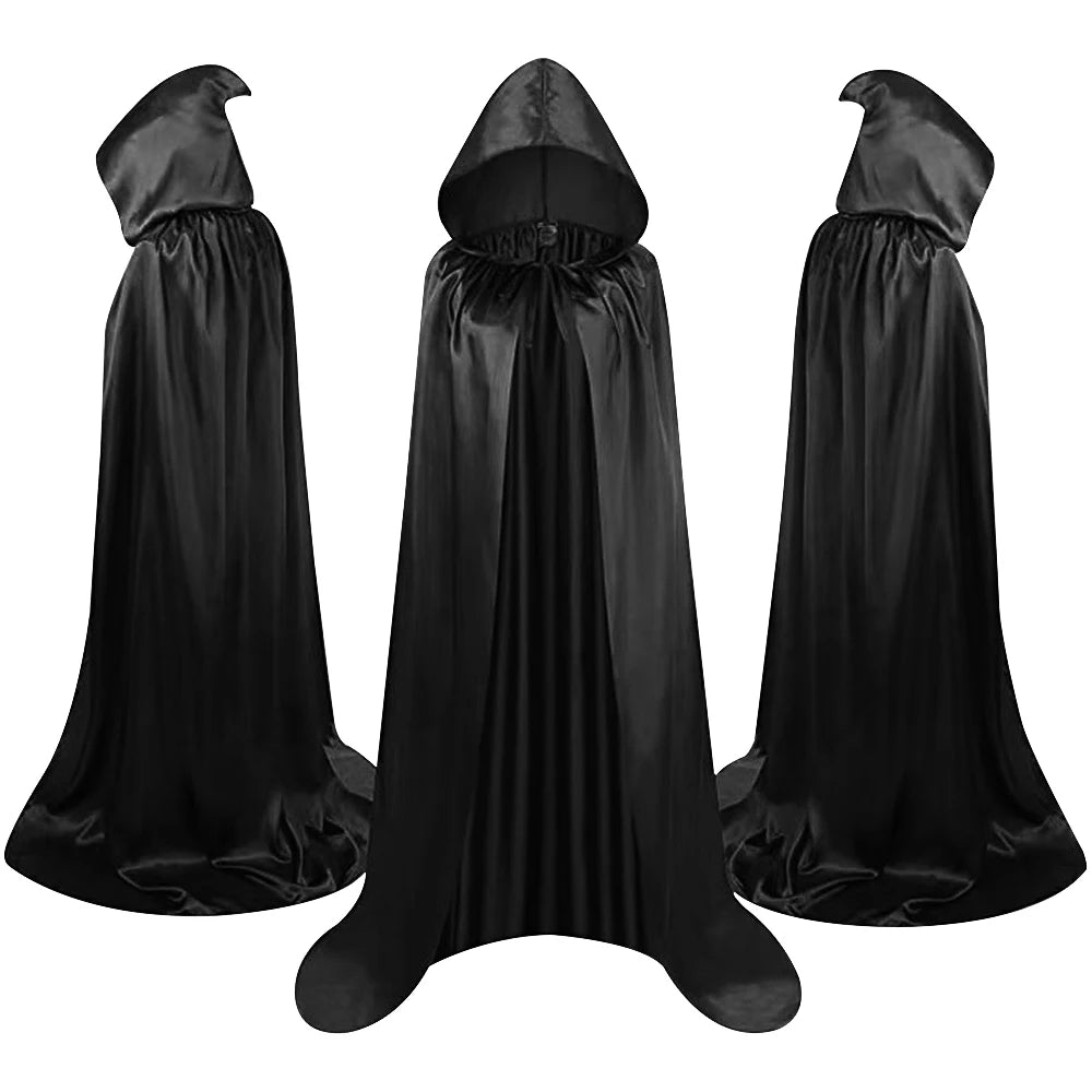 Mantello nero con cappuccio per Halloween e cosplay