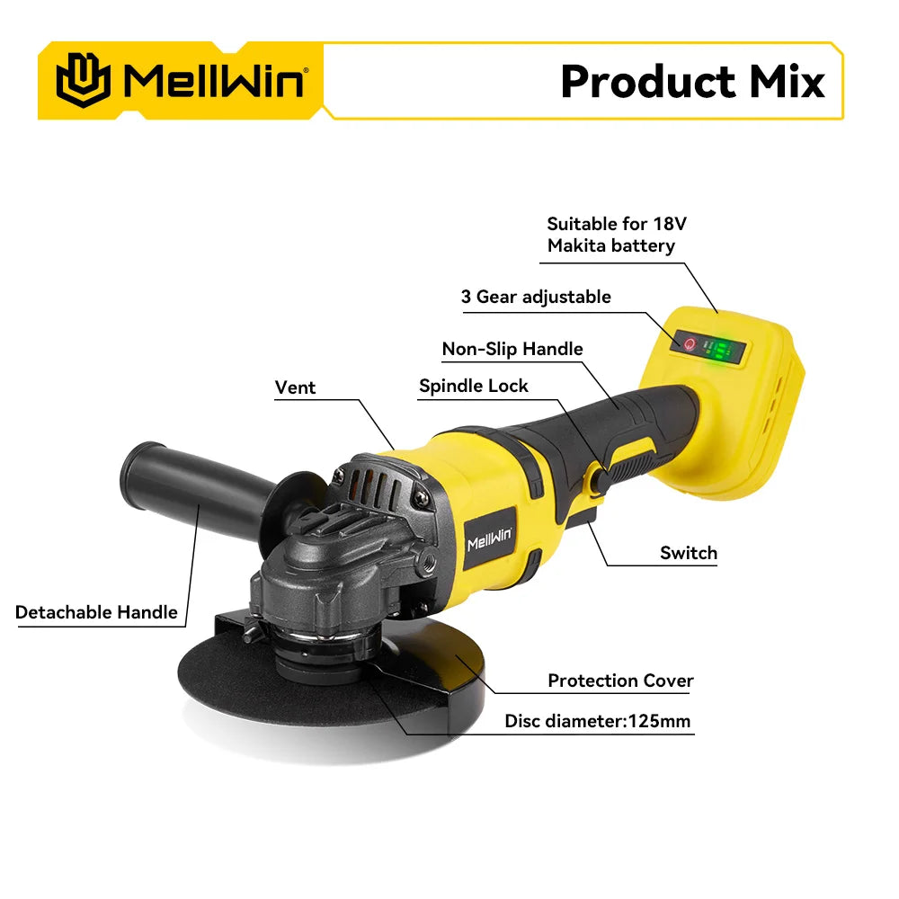 MELLWIN Smerigliatrice Angolare Senza Fili 125mm – Motore Brushless 18V Compatibile Makita