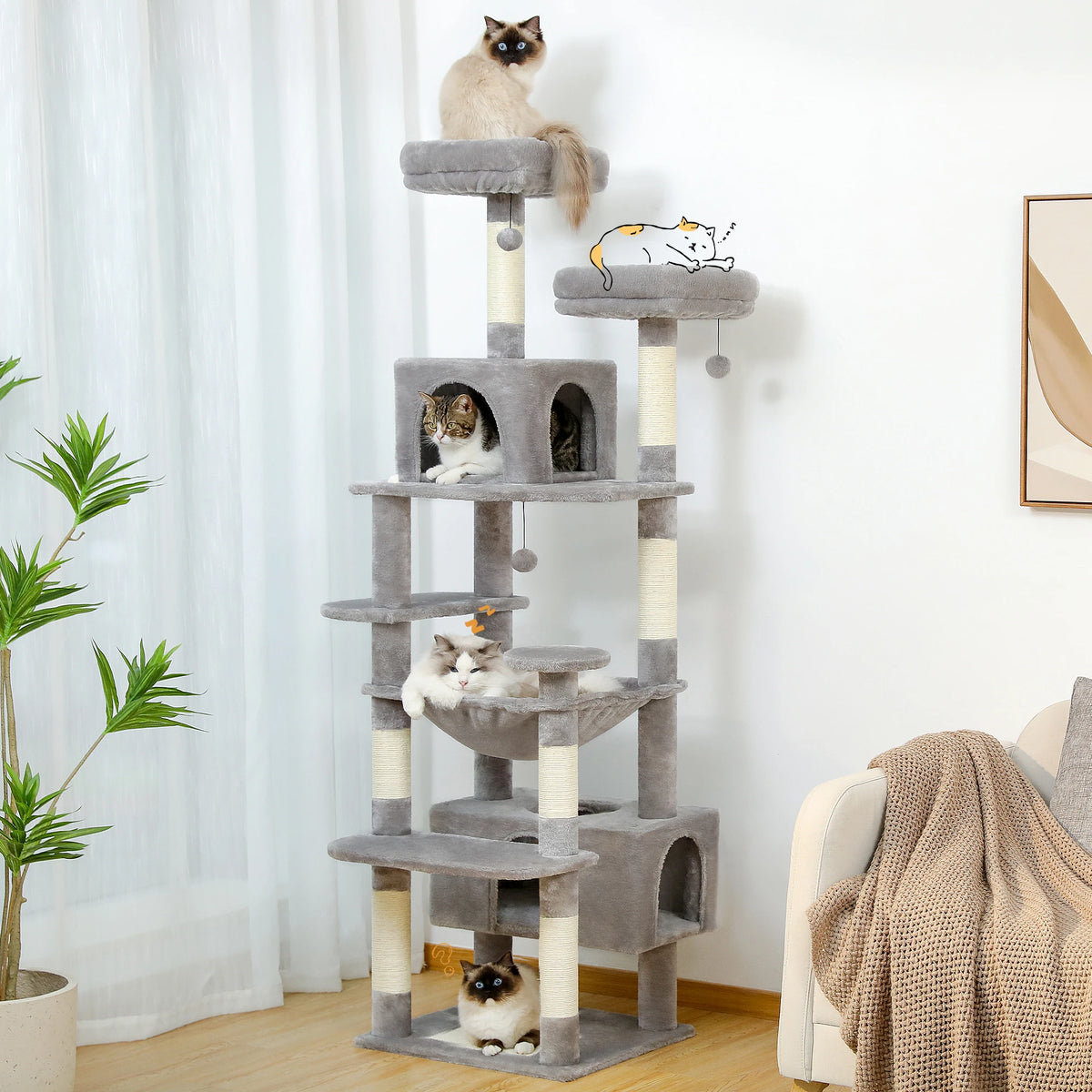 PAWZ Road Albero per Gatti da Interno Grande con Tiragraffi in Sisal, Amaca, Piattaforme e Grotte – 136/164/184 cm