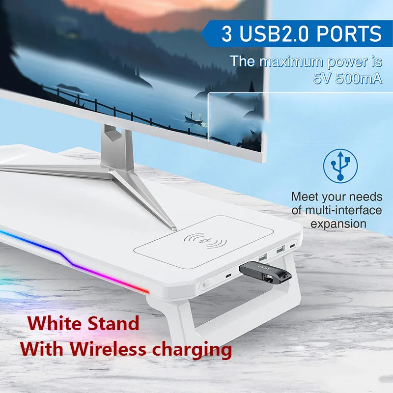 Supporto Monitor con Ricarica Wireless e Luce RGB – Docking Station Multifunzionale Pieghevole per Ufficio e Scrivania