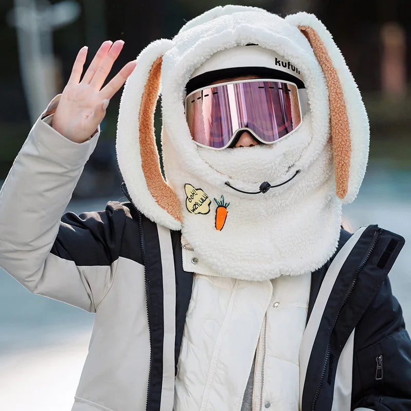 Copricasco da Sci con Orecchie da Coniglio – Passamontagna 3 in 1 Invernale, Maschera e Sciarpa, Caldo e Kawaii