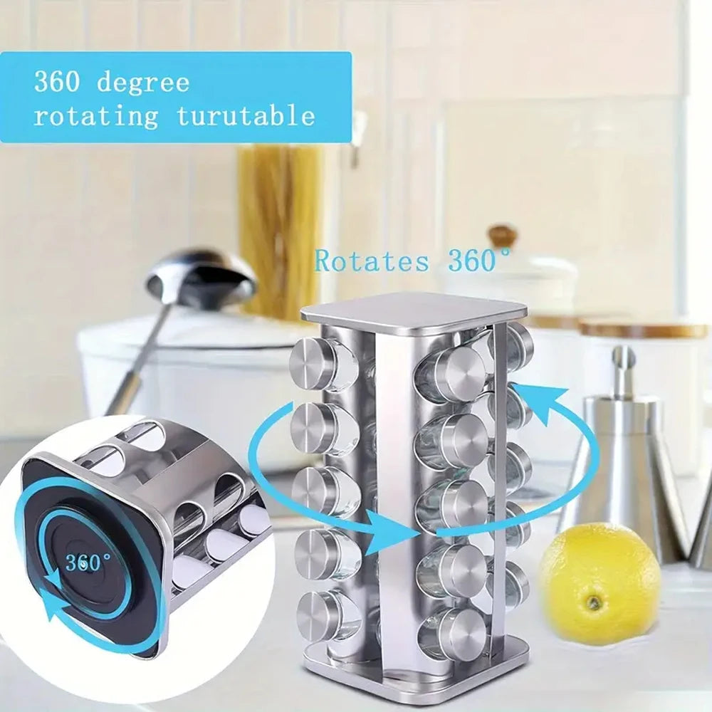 Portaspezie Girevole 360° con 20 Vasetti in Vetro da 100 ml – Struttura in Acciaio Inox, Organizer da Cucina con Etichette e Accessori
