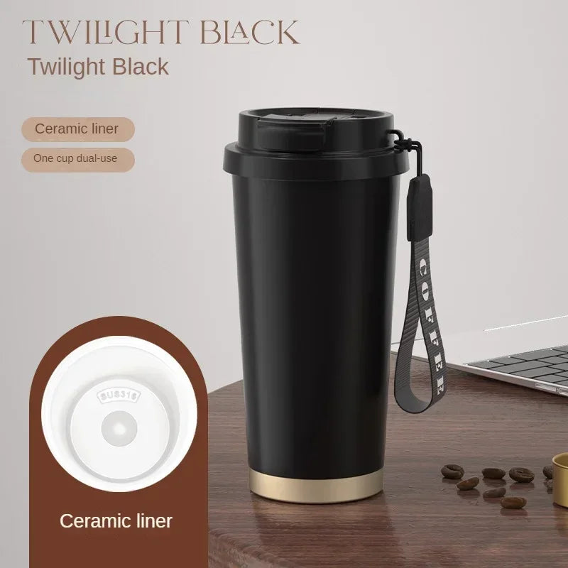 Tazza Termica in Ceramica 530 ml – Thermos in Acciaio Inox a Doppia Parete, Mug da Viaggio per Caffè
