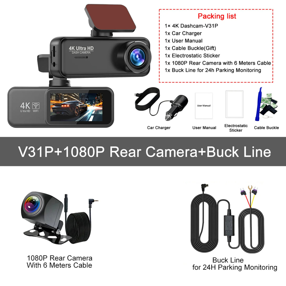 Dashcam Kocam 4K Doppia Telecamera Anteriore e Posteriore con Monitoraggio Parcheggio 24H, Visione Notturna e GPS