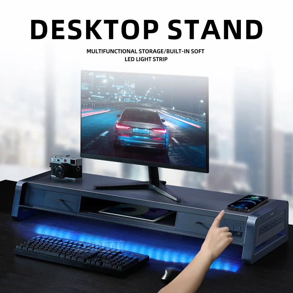 Supporto Monitor USB con Cassetto – Docking Station Multifunzionale per Ufficio, Desktop e Porta Telefono