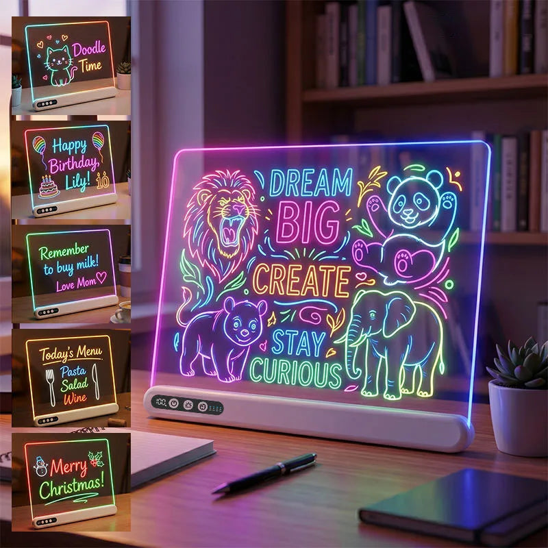 Lavagna LED Luminosa Ricaricabile – Bacheca Neon Acrilica con Timer, Display Batteria, 7 Colori RGB e 7 Effetti, per Bambini e Ufficio