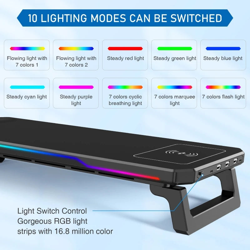 Supporto Monitor con Ricarica Wireless e Luce RGB – Docking Station Multifunzionale Pieghevole per Ufficio e Scrivania
