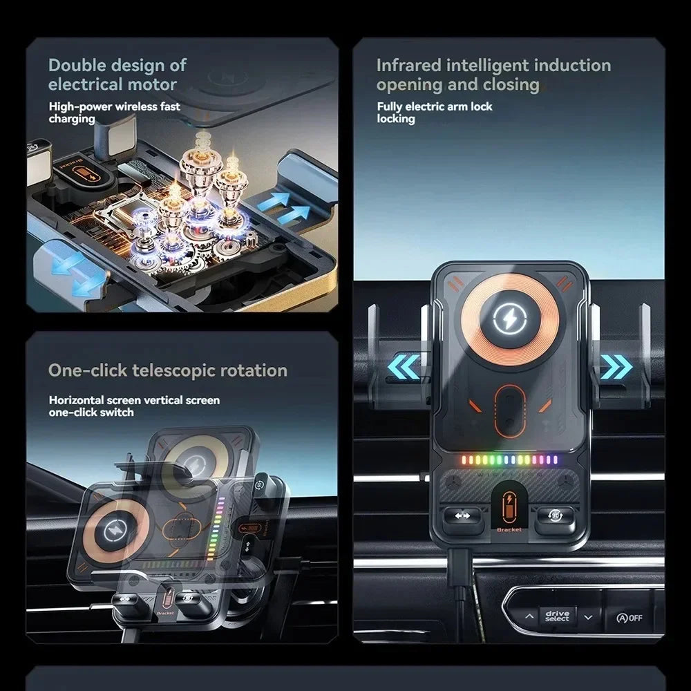 Supporto Universale per Auto con Bocchetta Aria – Apertura Elettrica Rotante, Ricarica Wireless 15W e Doppia Bobina per Smartphone