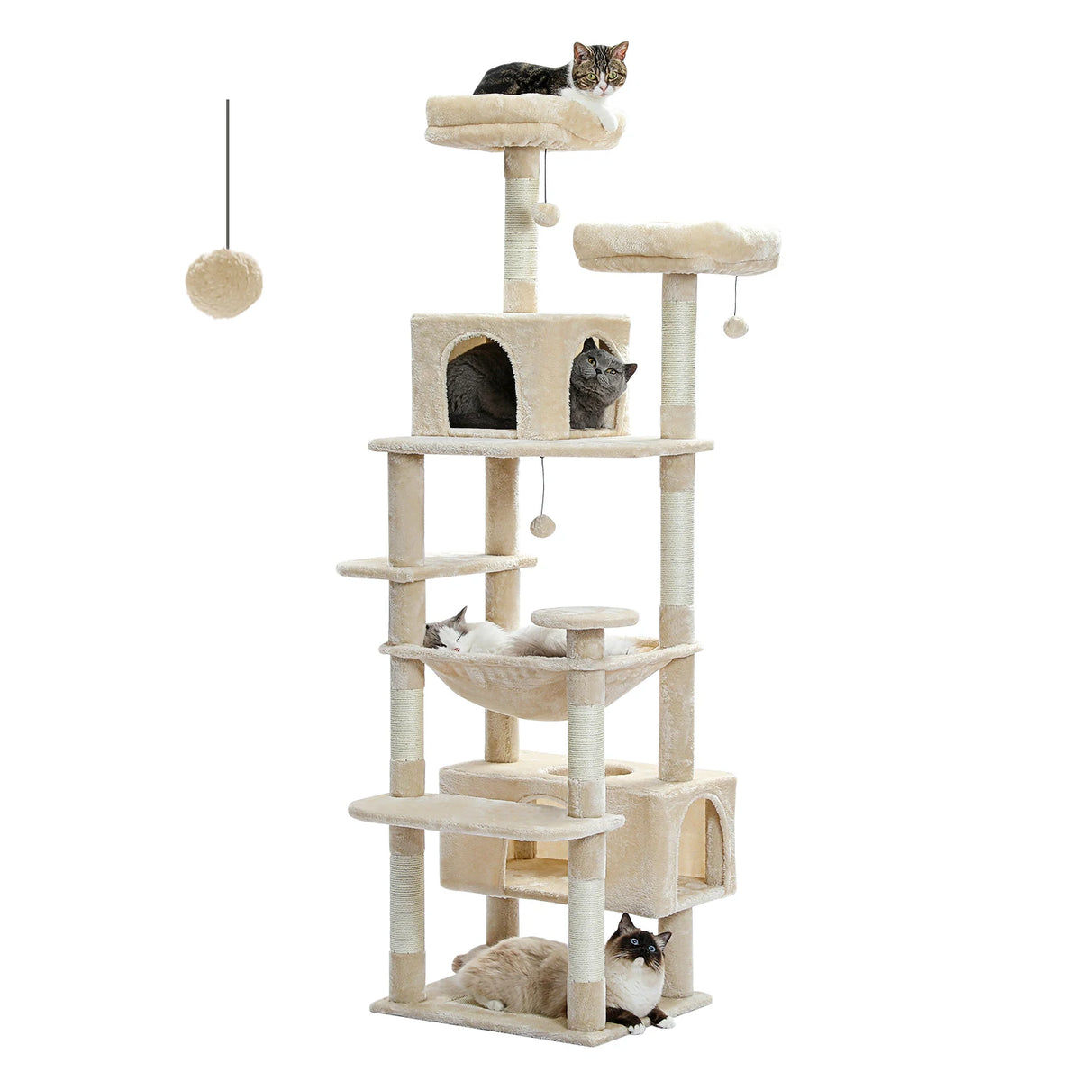 PAWZ Road Albero per Gatti da Interno Grande con Tiragraffi in Sisal, Amaca, Piattaforme e Grotte – 136/164/184 cm
