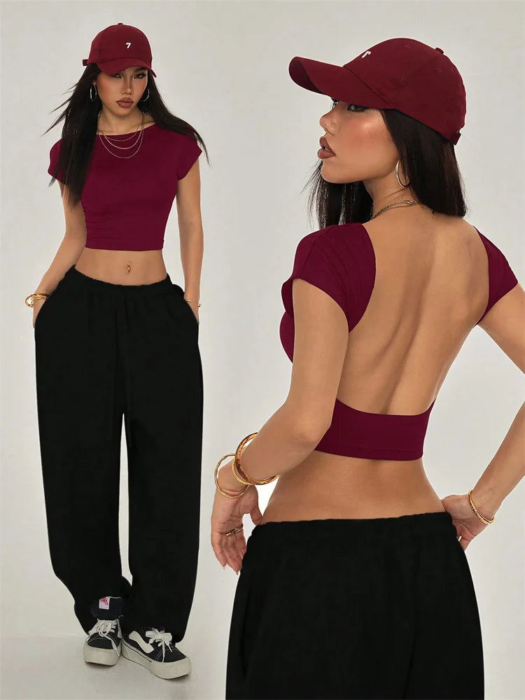 T-Shirt Donna Schiena Scoperta – Crop Top Y2K Streetwear Grunge, Manica Corta, Stile High Street